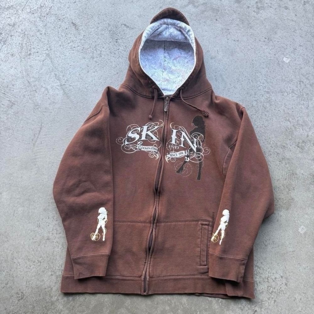 Vintage 00s Skin Industries Mocha Brown Pinup Girl Zip Up Hoodie Skate Grunge